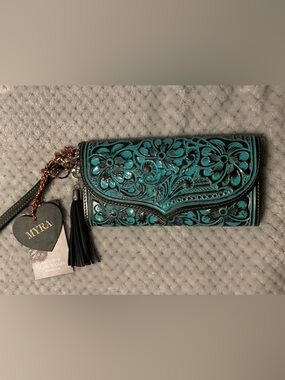 Myra Teal Floral Hand-Tooled Leather Wristlet with Black Tassel